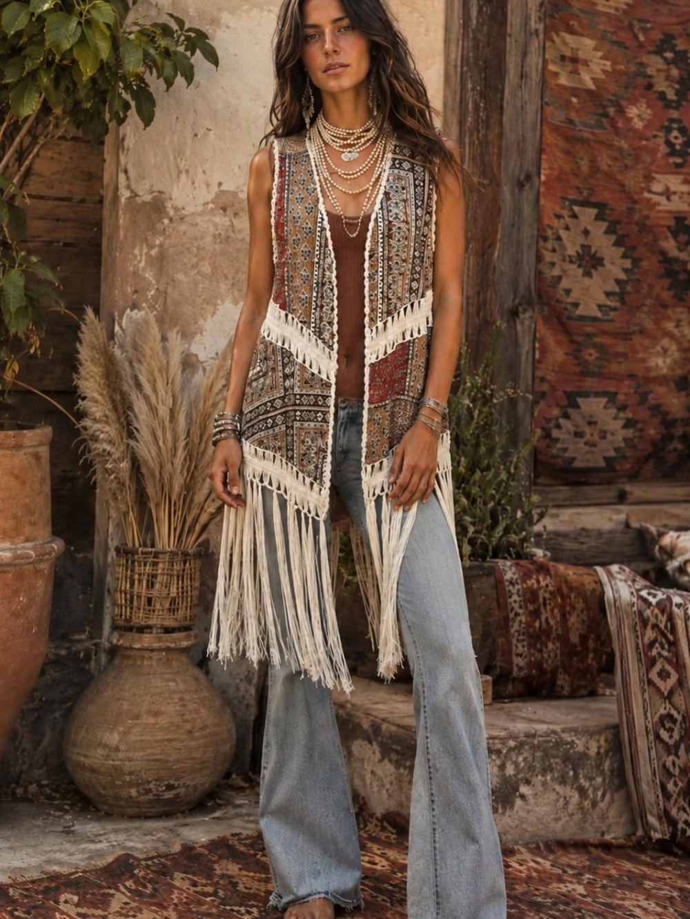 Dreamers Boho Patchwork Fringe Vest in Tan, Red, Black